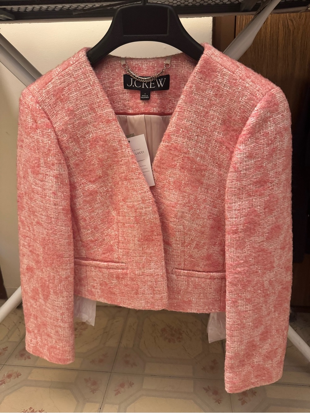 NWT J. Crew Pink Italian Tweed Collarless Crop Blazer Jacket Size 6 (C1657)
